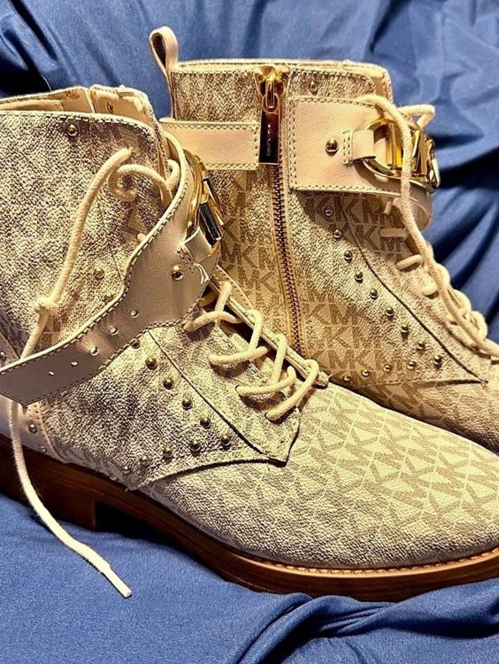 Michael Kors Weiss Leather and Signature Logo Combat Boot